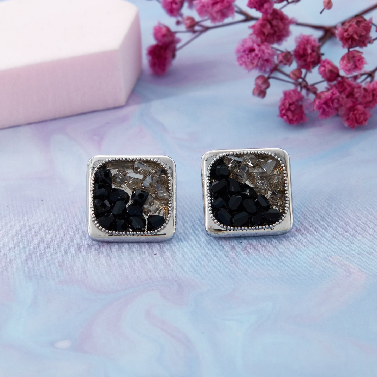 Black Stone Silver Floral Earrings
