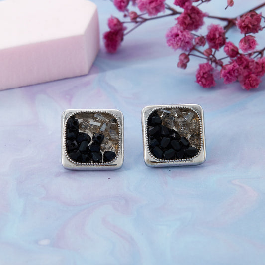Black Stone Silver Floral Earrings