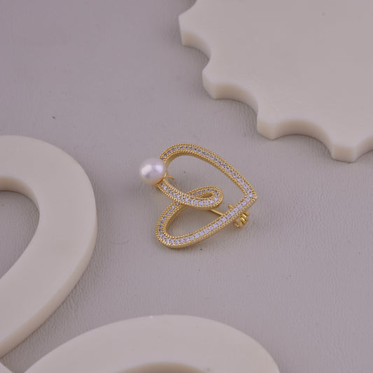 Crystal Heart Pearl Brooch