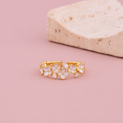 White Enamel Flower Gold Ring