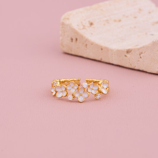 White Enamel Flower Gold Ring