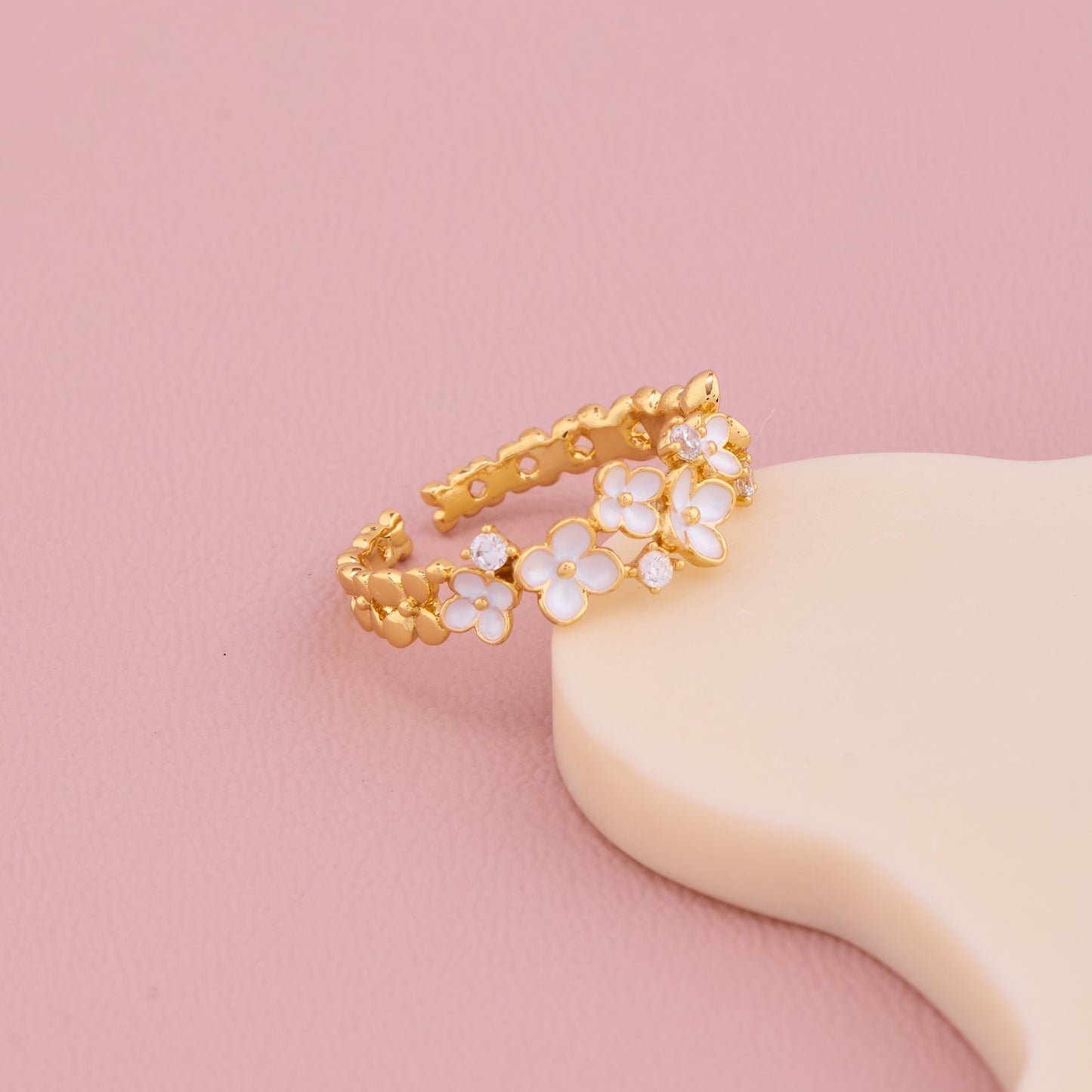 White Enamel Flower Gold Ring