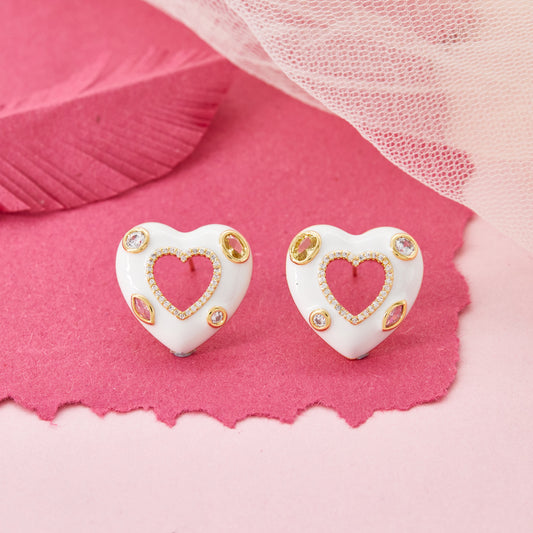 White Heart Cutout Earrings with Crystals