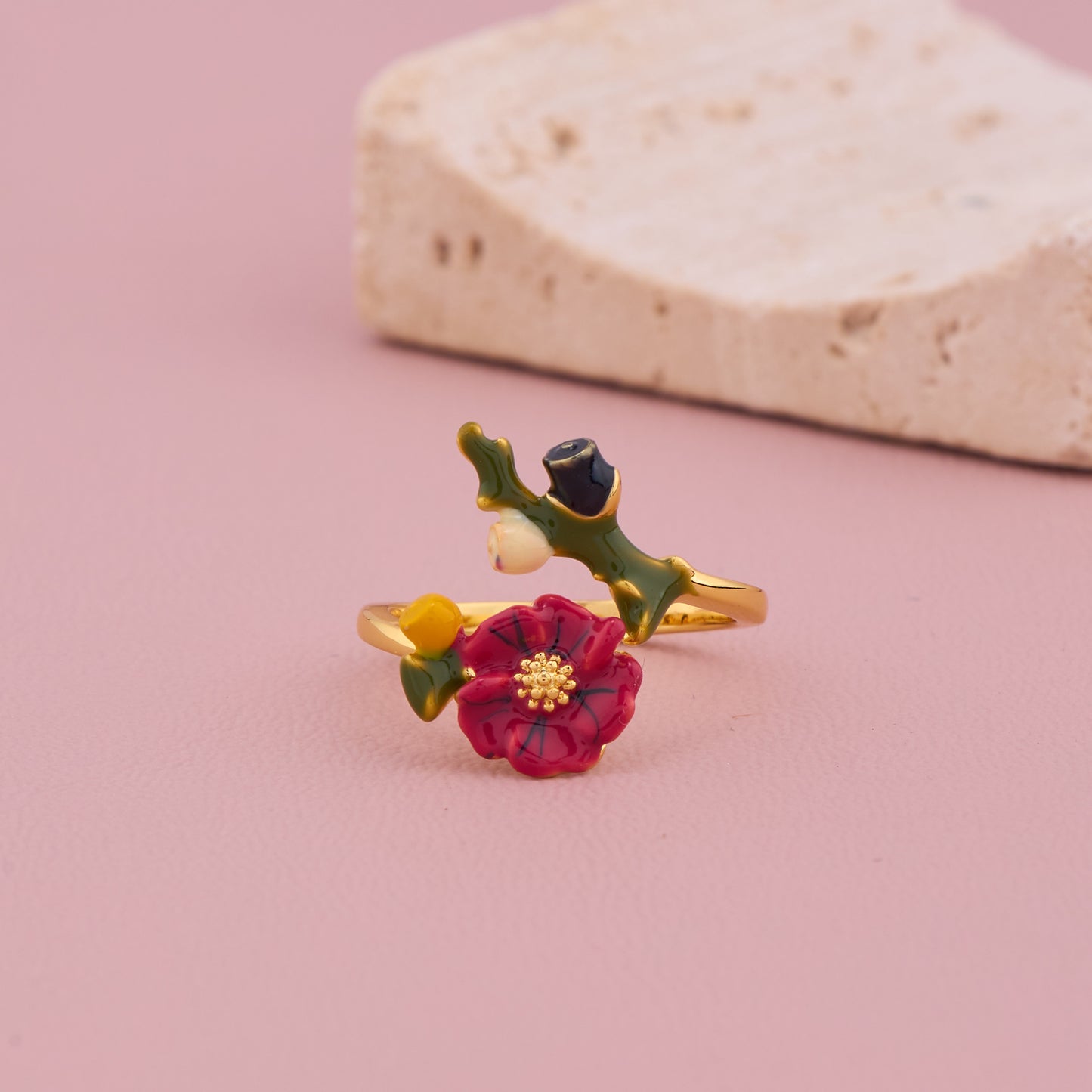 Red Enamel Flower Gold Ring