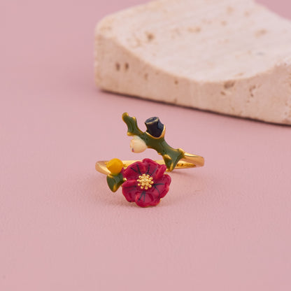 Red Enamel Flower Gold Ring