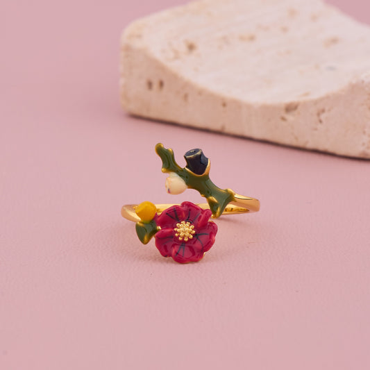 Red Enamel Flower Gold Ring