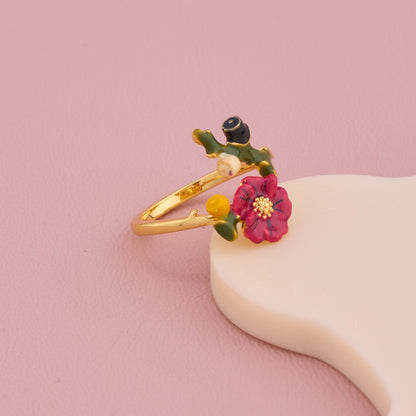 Red Enamel Flower Gold Ring