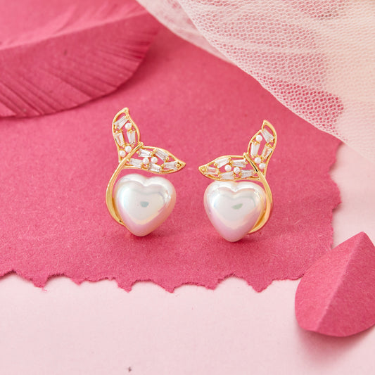 Pearl Heart Earrings with Crystal Leaf Design