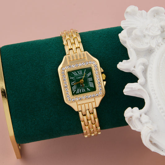 Regal Gold Square Watch with Green Dial & Crystal Bezel for Women
