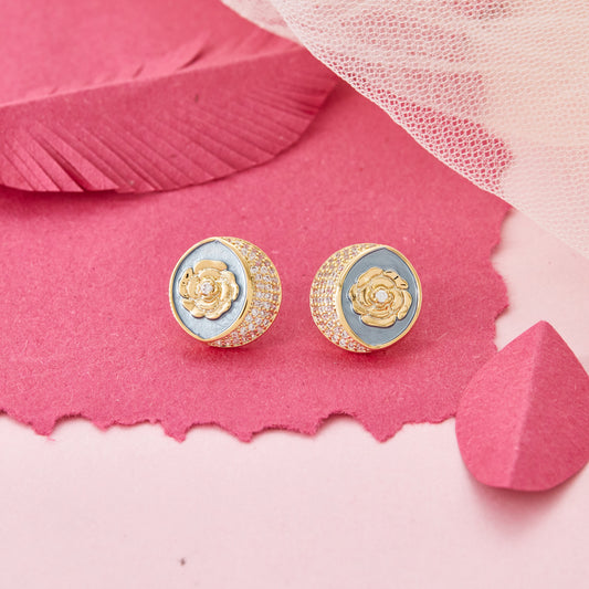 Round Floral Stud Earrings with Crystal Accents