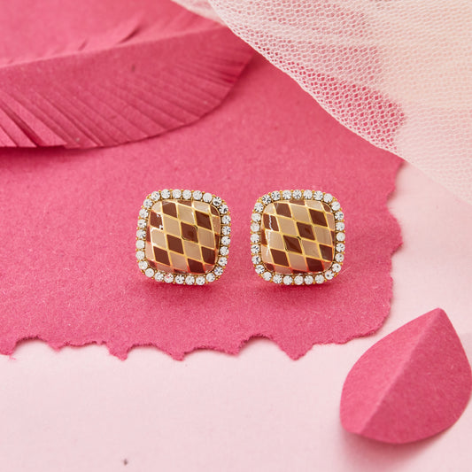 Checkered Square Stud Earrings with Crystal Border