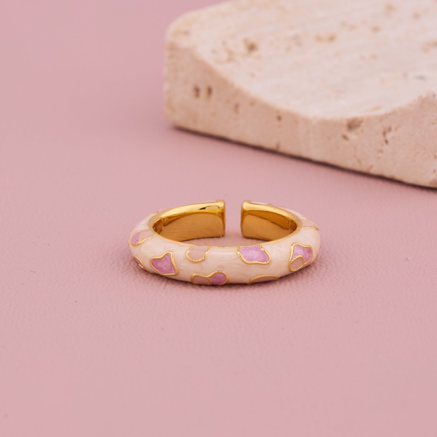 Pink Heart Enamel Gold Ring