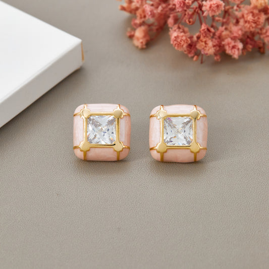 Square Earrings with Delicate Flower Accent