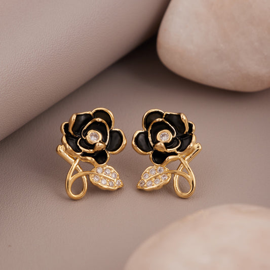 Gold Earrings with Black Flower Design & Sparkling Diamonds