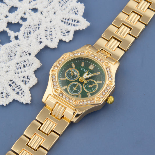 Bold Chronograph Gold Watch with Green Dial & Crystal Bezel for Women