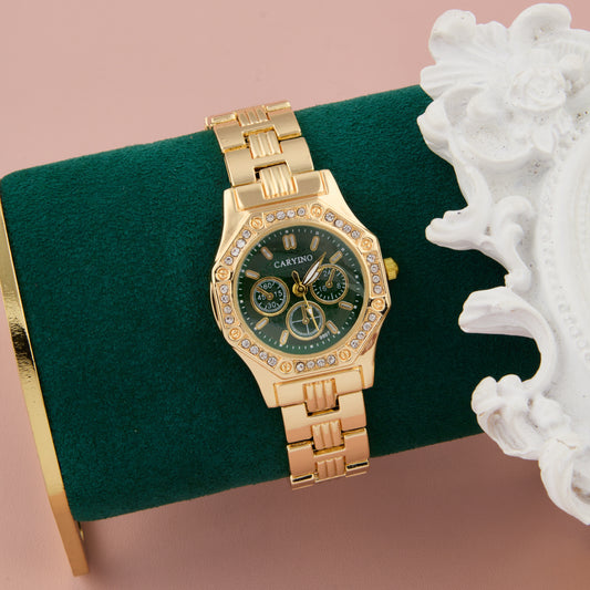 Bold Chronograph Gold Watch with Green Dial & Crystal Bezel for Women