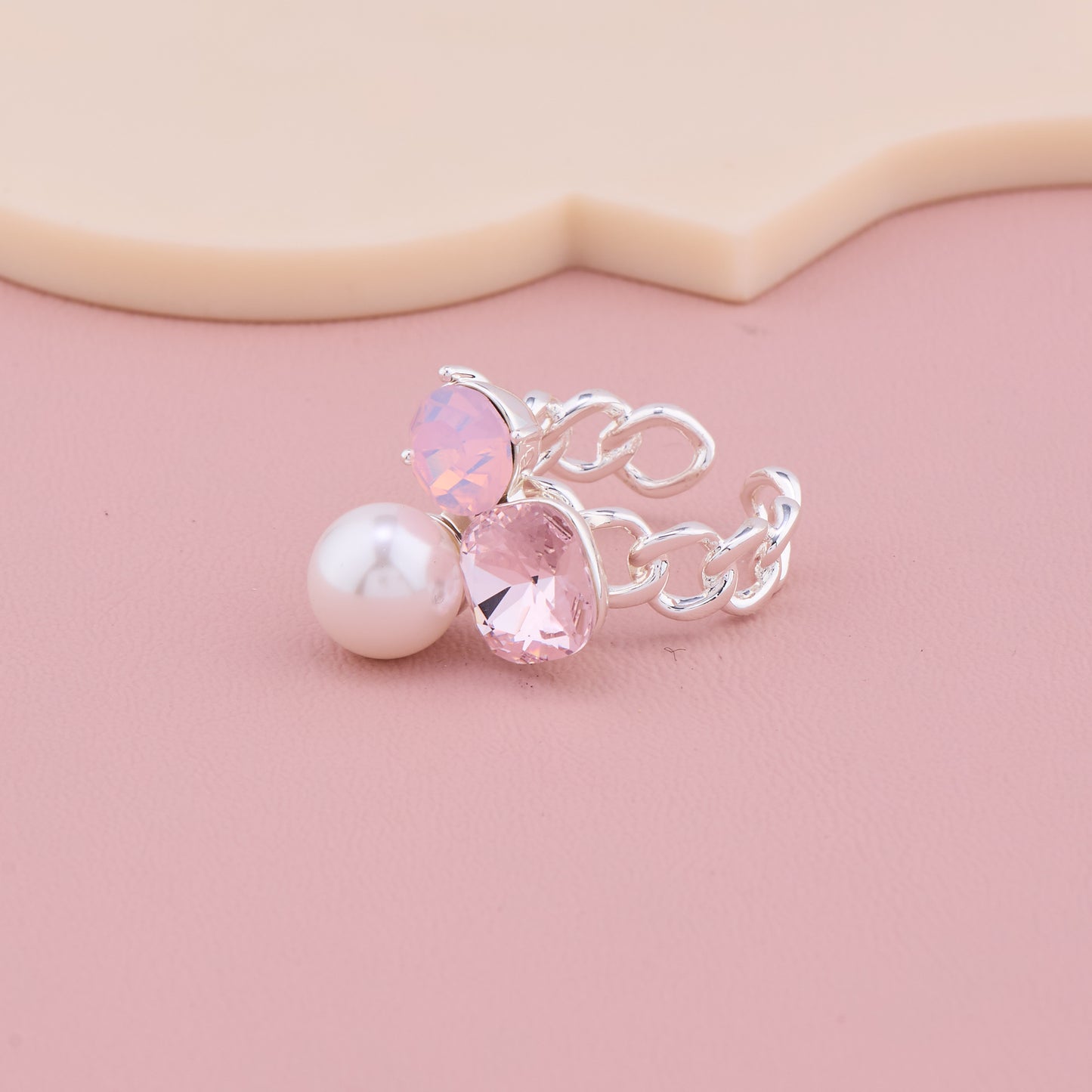 Pink Stone Pearl Silver Ring