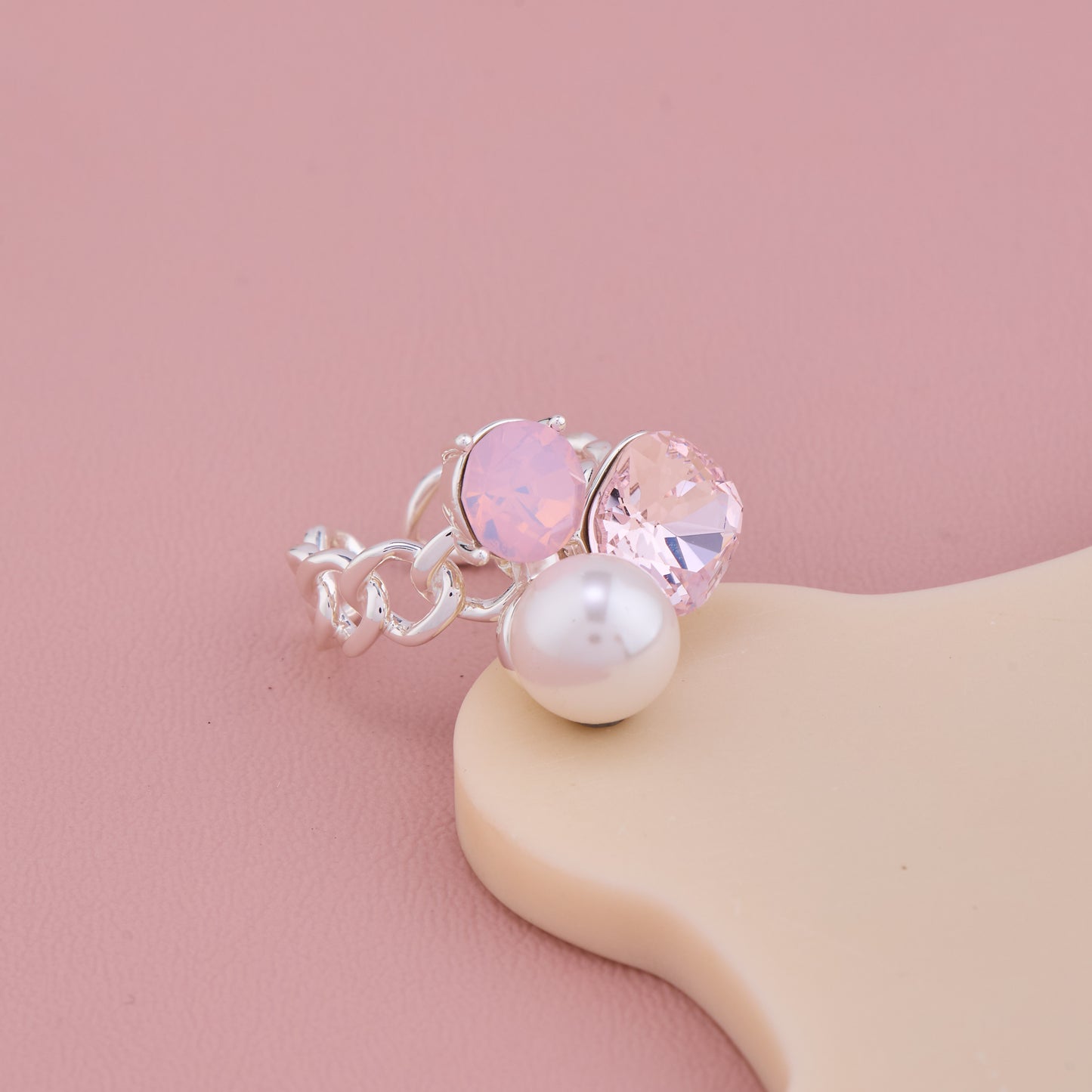 Pink Stone Pearl Silver Ring