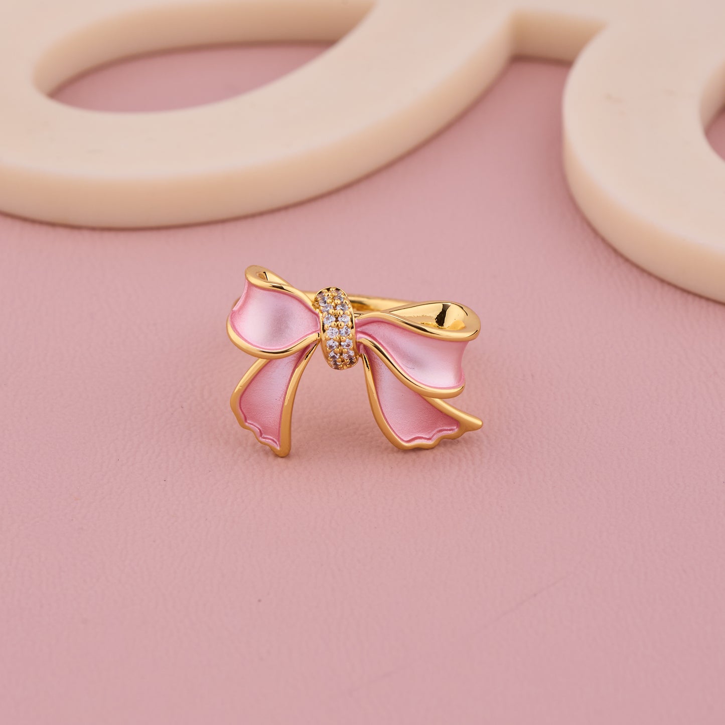 Pink Bow Enamel Gold Ring