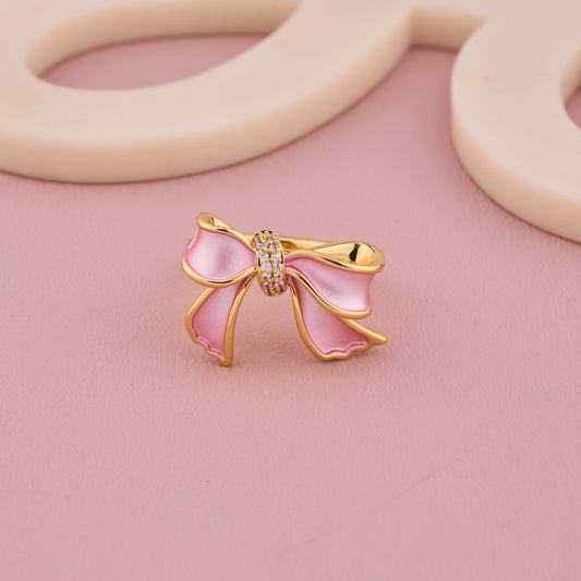 Pink Bow Enamel Gold Ring