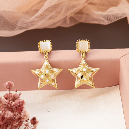 Gold Star Motif Earrings with Floral Accents