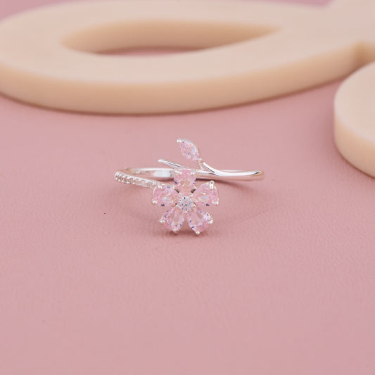 Pink Flower Silver Ring