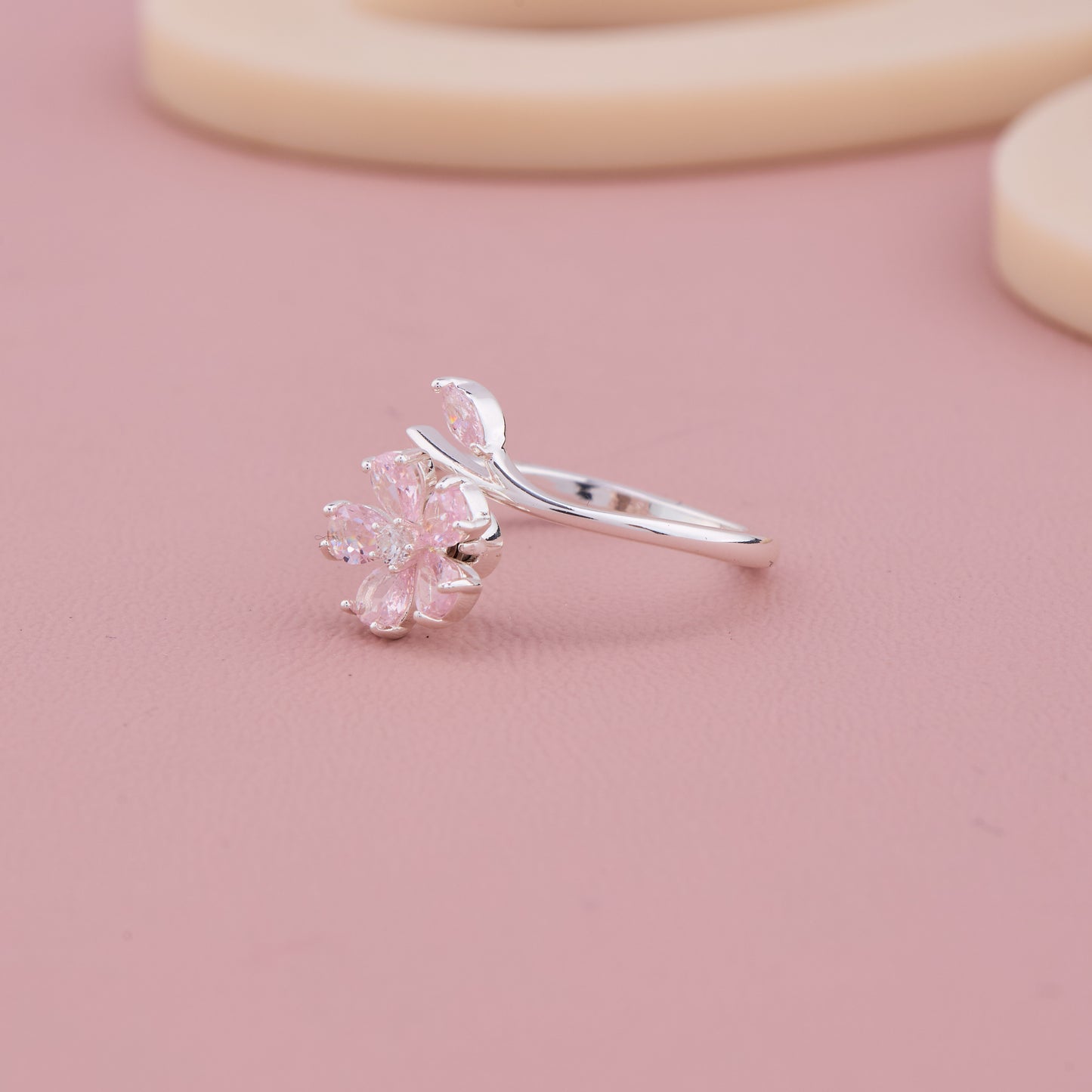 Pink Flower Silver Ring