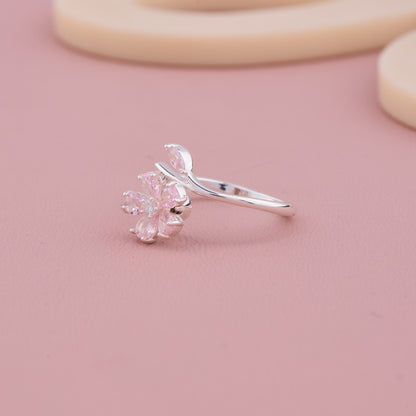 Pink Flower Silver Ring