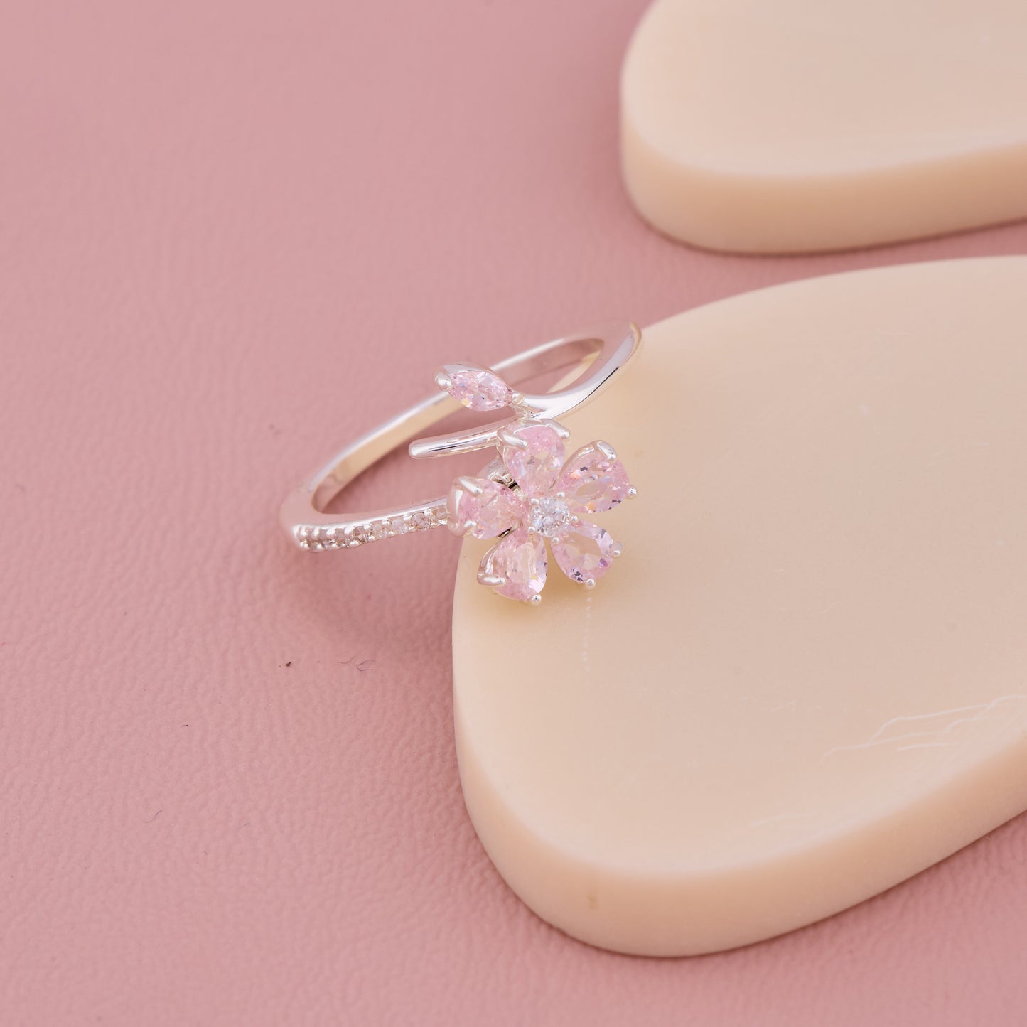 Pink Flower Silver Ring