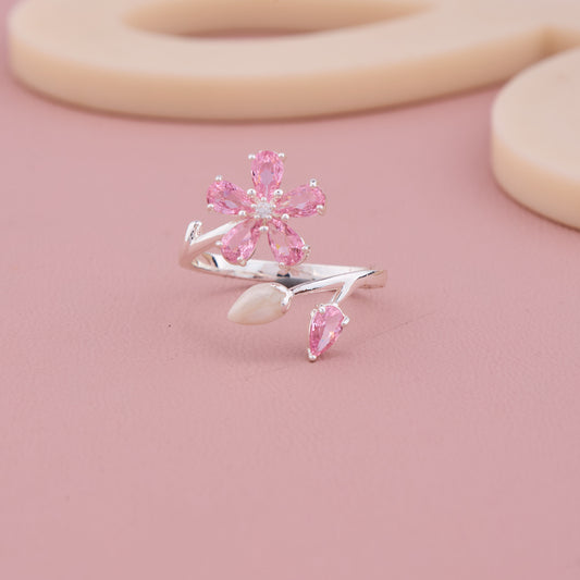 Pink Blossom Adjustable Silver Ring