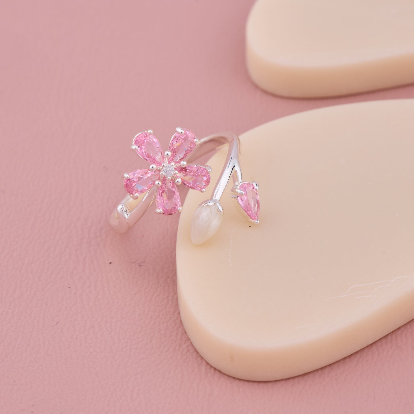 Pink Blossom Adjustable Silver Ring