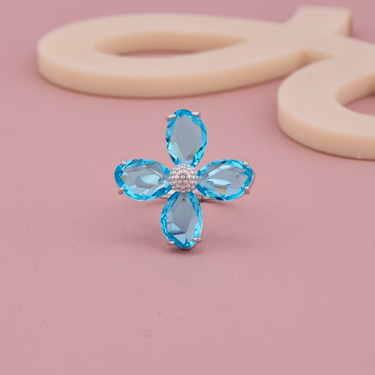 Blue Petal Flower Silver Ring