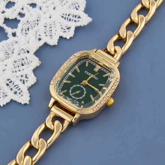 Chic Gold & Black Watch with Crystal Bezel and Link Bracelet for Women