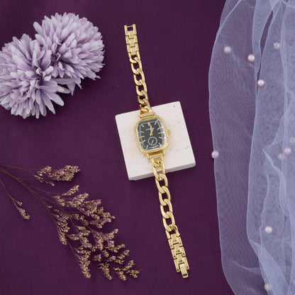 Chic Gold & Black Watch with Crystal Bezel and Link Bracelet for Women