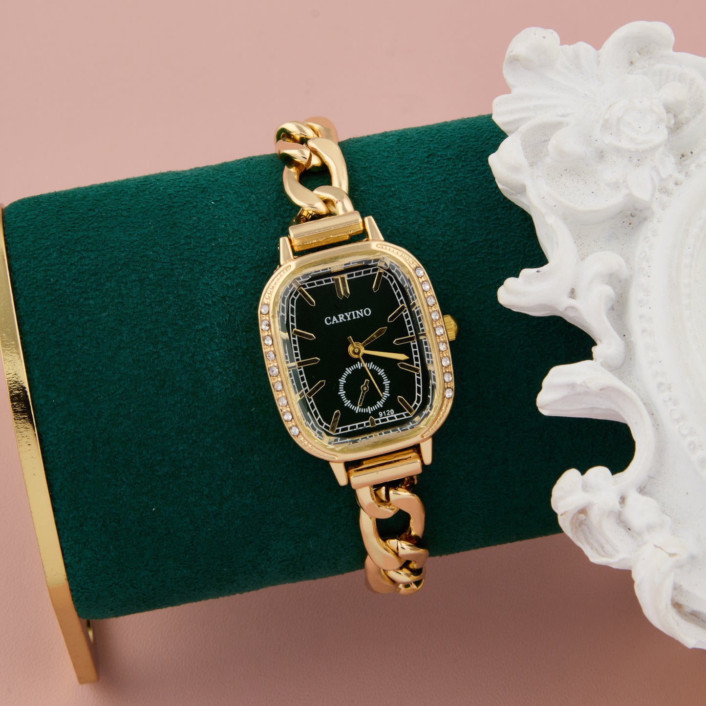 Chic Gold & Black Watch with Crystal Bezel and Link Bracelet for Women