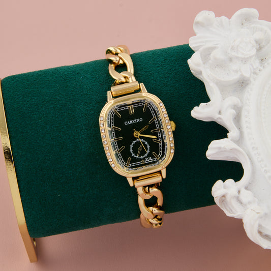 Chic Gold & Black Watch with Crystal Bezel and Link Bracelet for Women