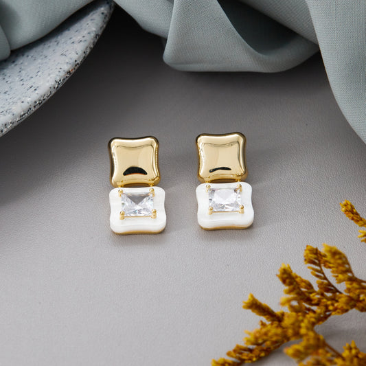 Elegant White & Gold Square Earrings