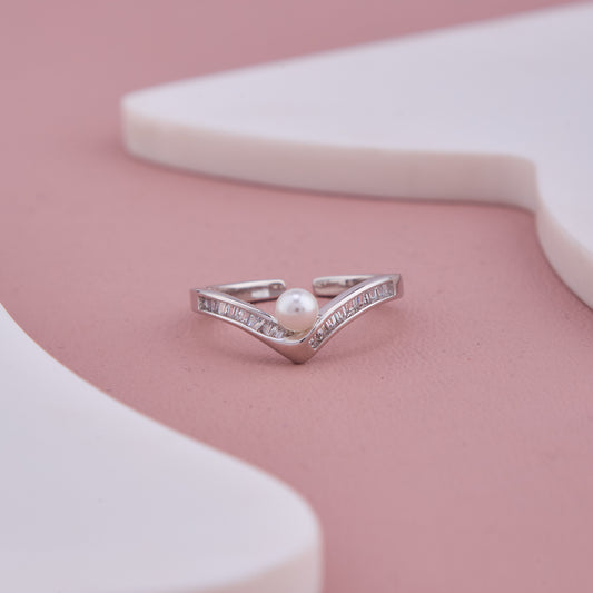 Silver V-Shape Pearl Adjustable Ring with CZ Accents