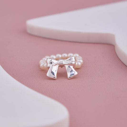 Silver Bow Design Ring with Pearl Beaded Band