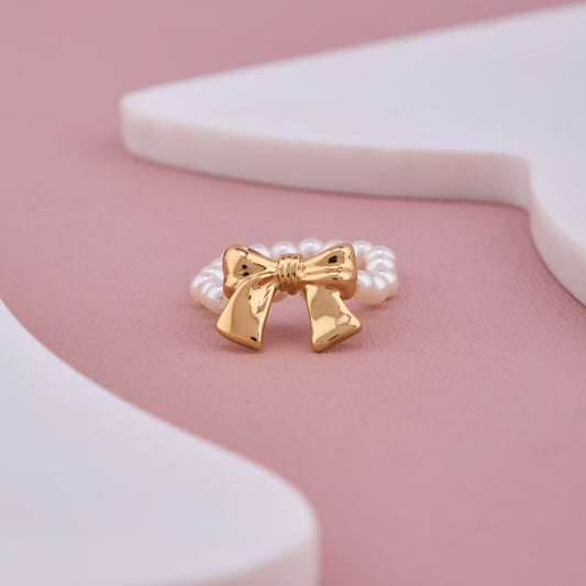Golden Bow Design Ring with Pearl Beaded Band