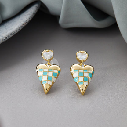 Gold Earrings with Blue & White Checkered Hearts