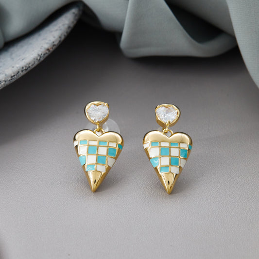 Gold Earrings with Blue & White Checkered Hearts