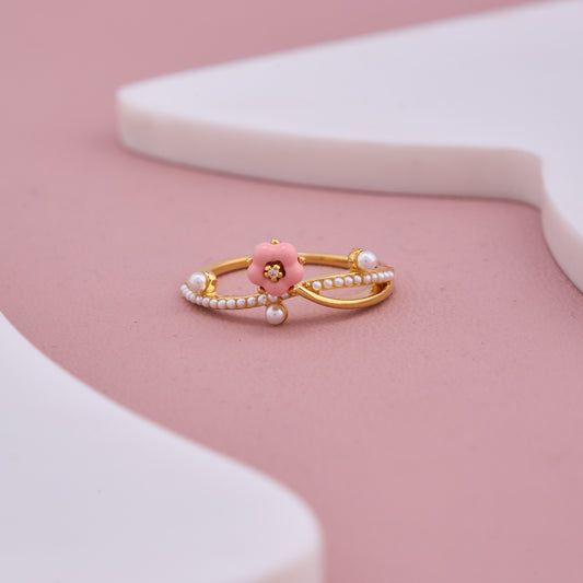 Gold Plated Ring with Pink Enamel Flower and Pearl Accents
