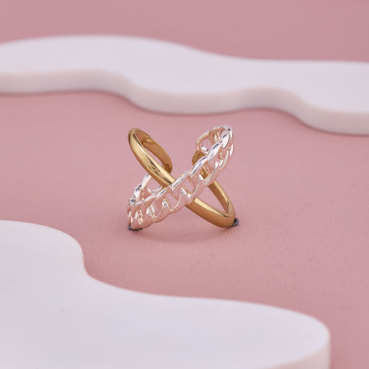 Dual Tone Adjustable Ring with Gold Band and Silver Chain Design