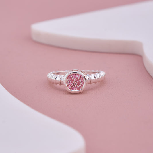 Silver Beaded Band Ring with Pink Textured Round Centerpiece
