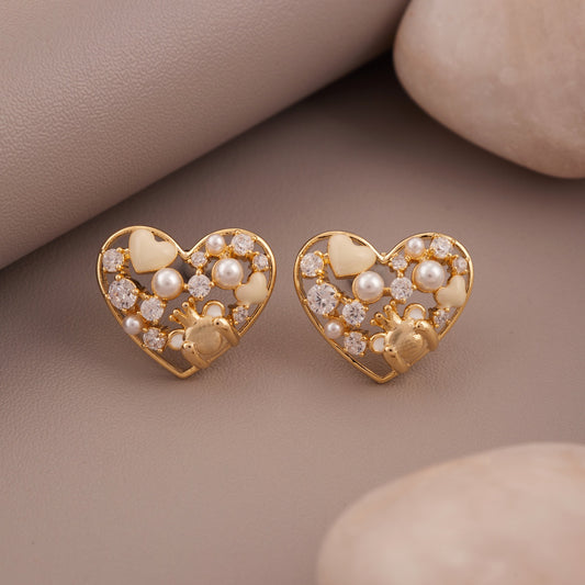 Gold Heart Earrings with Diamonds & Pearls – Luxurious Statement