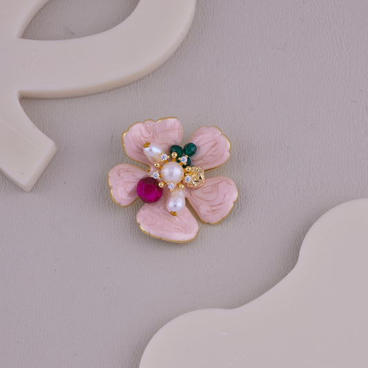 Pink Gem Pearl Flower Brooch