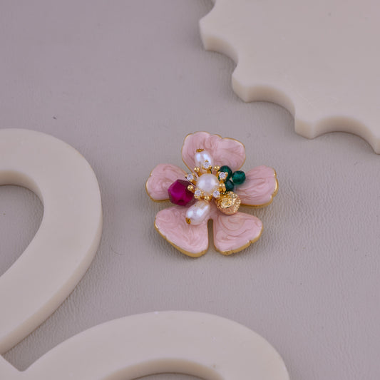 Pink Gem Pearl Flower Brooch