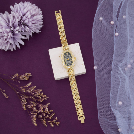 Elegant Gold & Green Roman Dial Watch with Crystal Accents for Women