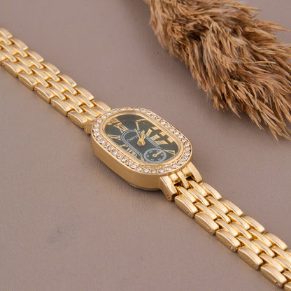 Elegant Gold & Green Roman Dial Watch with Crystal Accents for Women